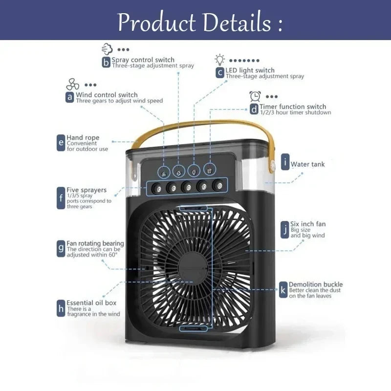 Portable 3-in-1 Air Cooler Fan With Humidifier & LED Light